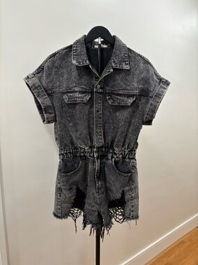 653. Idem Ditto Acid Wash Black Denim Romper with Distressed Hem